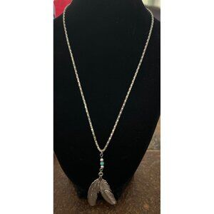 Feather Pendant Silver Tone Necklace With Beads & Lobster Clasp - 18”